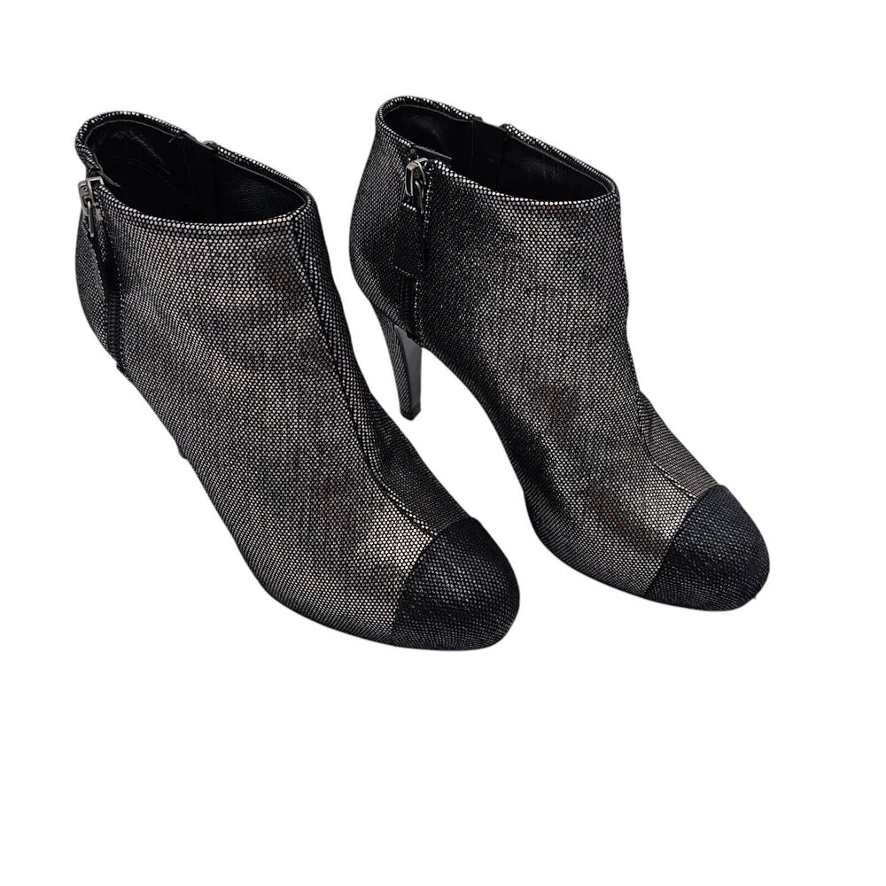 Chanel CC Cap Toe Ankle Heel Boot Size 37 US 6 6.5 Silver Metallic Leather Zip